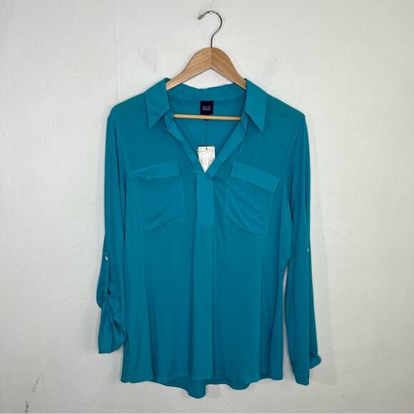 BLUE Saks Fifth Avenue Turquoise V Neck Blouse Top NWT Size Large - Picture 1 of 14